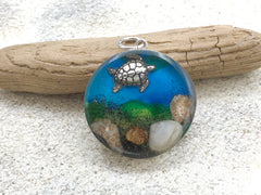 Sterling silver 25mm Round Pendant with crab Shells, seashells, Sand, Sea glass, Rocks, Sea turtle,  LBI, Long Beach Island, NJ, ocean,  beach comber, Alcohol ink