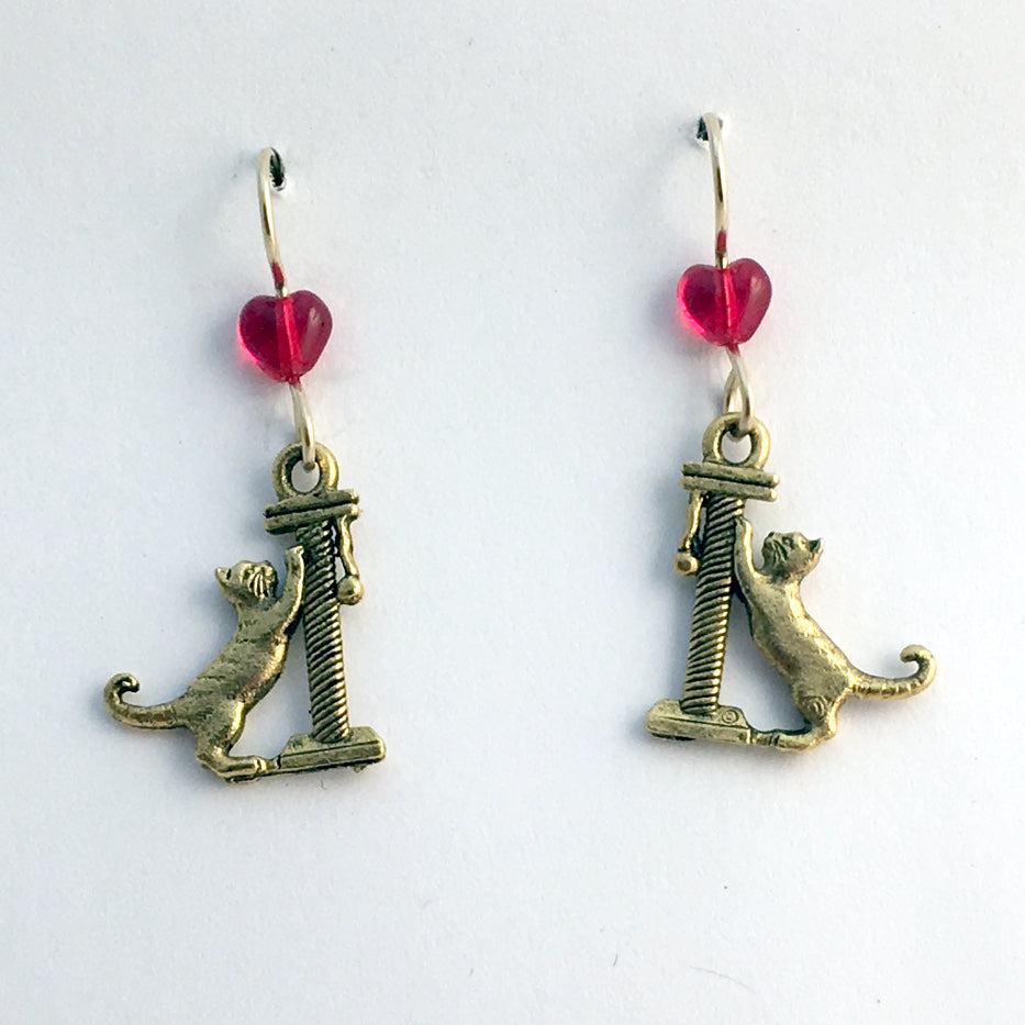 Gold tone Pewter & 14k gf Cat w/ scratching post dangle earrings-cats, feline,