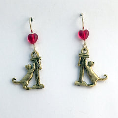 Gold tone Pewter & 14k gf Cat w/ scratching post dangle earrings-cats, feline,