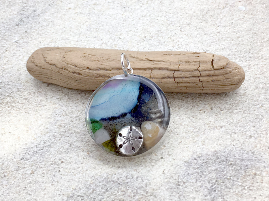 Sterling silver 25mm Round Pendant with  Shells, Sand, Sea glass, Rocks, Sand Dollar,  New Jersey, Avalon, shore, ocean,  beach comber, Alcohol ink
