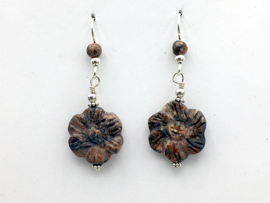 Sterling silver and carved Leopardskin Jasper flower dangle earrings