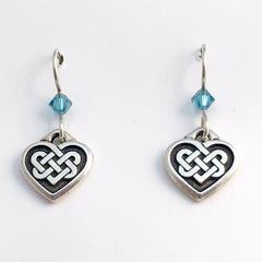 Pewter & sterling silver Celtic Knot Heart dangle earrings- teal crystal- knots