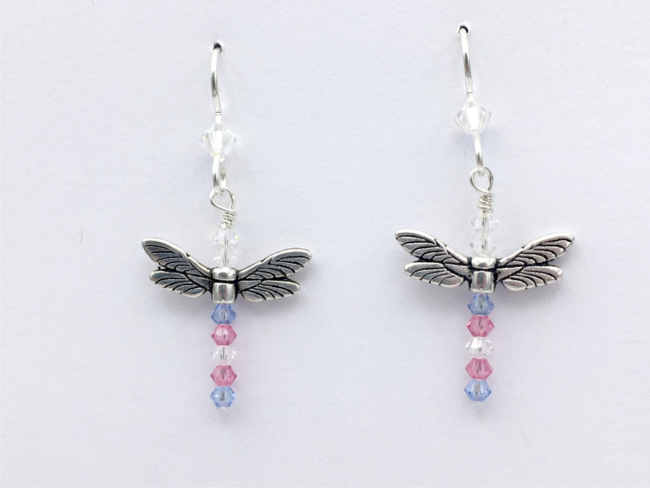 Pewter and Sterling silver dragonfly dangle earrings- crystals-LGBTQIA-Transgender Pride