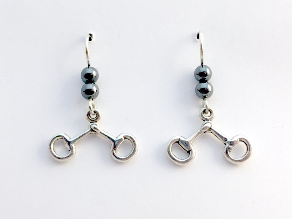 Sterling silver snaffle bit dangle earrings-horse -hematite, tack, bridle, bits