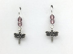 Pewter and Sterling silver small dragonfly dangle earrings-dragonflies, insects