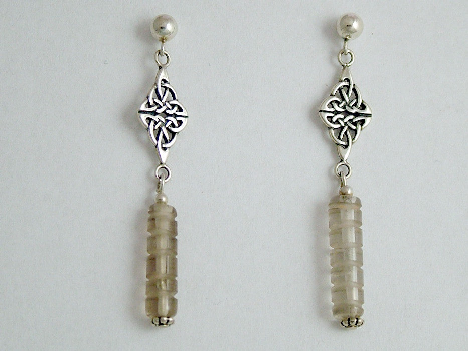 Sterling silver 4mm ball stud-Celtic knot & smokey Quartz dangle earrings, smoky