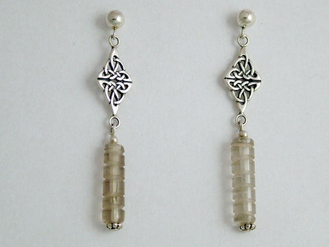 Sterling silver 4mm ball stud-Celtic knot & smokey Quartz dangle earrings, smoky
