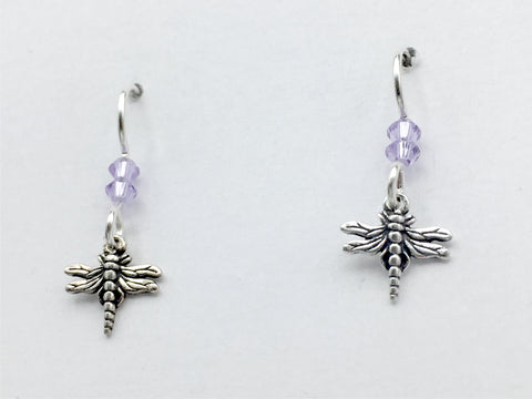 Sterling silver tiny dragonfly dangle earrings-light violet crystal, dragonflies