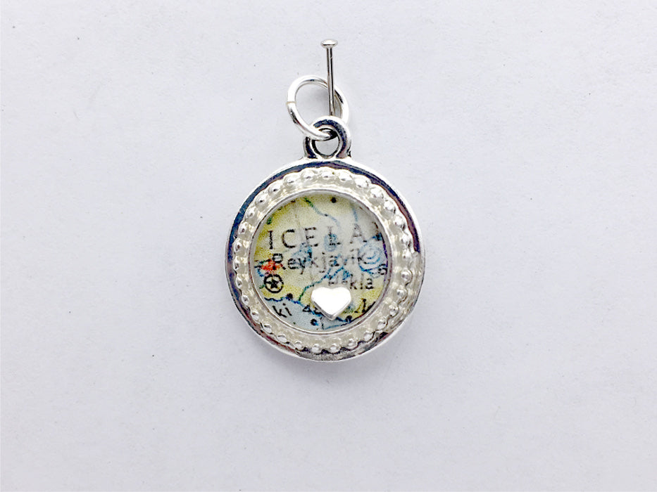 Pewter with vintage map print of Reykjavik Iceland pendant-resin, travel, heart