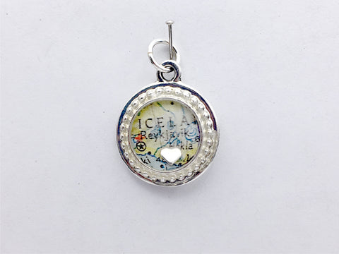 Pewter with vintage map print of Reykjavik Iceland pendant-resin, travel, heart