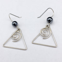 Sterling Silver medium open wire Spiral w/triangle Earrings-  hematite, spirals