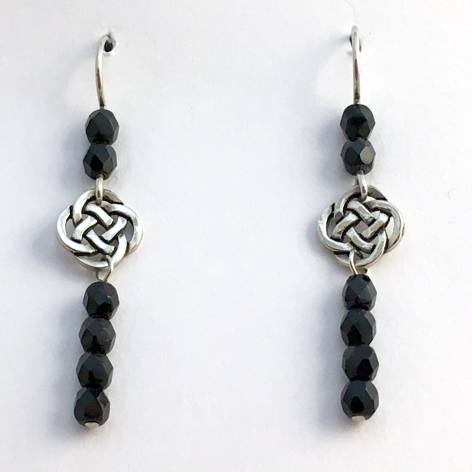 Pewter & Sterling Silver Round Celtic dangle Knot Earrings- black glass, knots