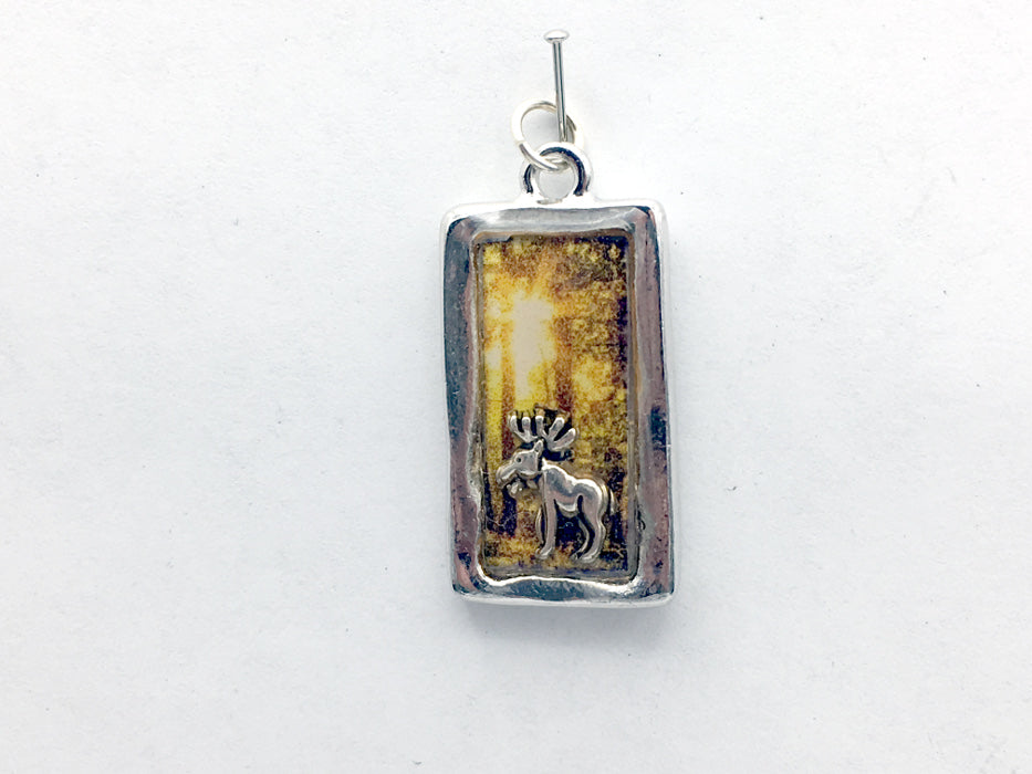 Pewter frame, sterling silver moose pendant-resin, forest, elk, animal, antler