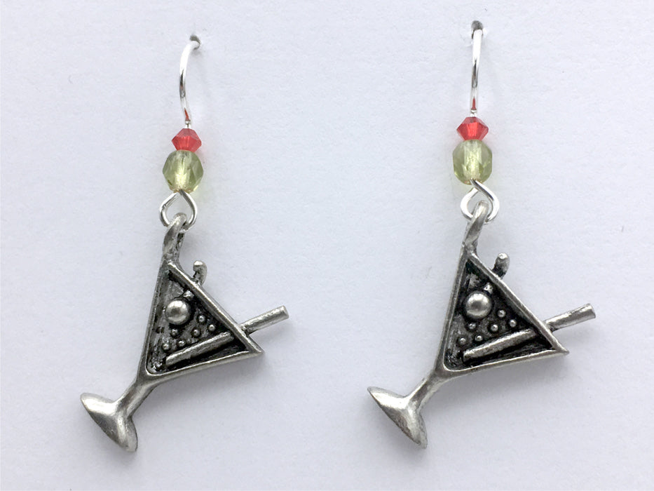 Pewter and sterling silver martini glass dangle earrings-olive- martinis, drinks