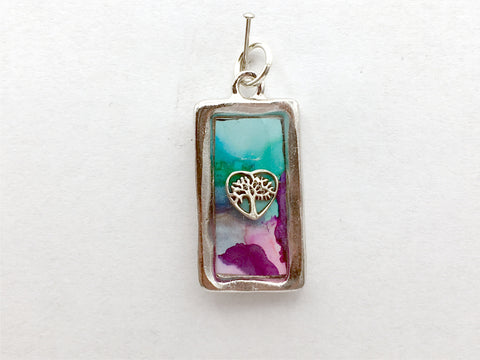 Pewter frame pendant w/ sterling silver tree in heart- resin, trees, nature, alcohol ink