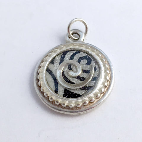 Pewter frame, silver & black paper, sterling silver spiral pendant-resin,spirals