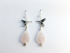 ﻿Pewter & Sterling silver hummingbird dangle earrings- Rose Quartz leaf, bird