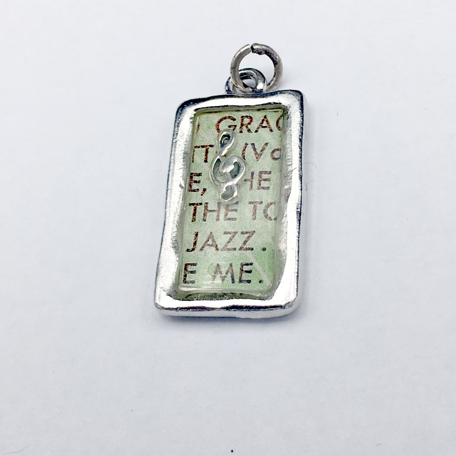 Pewter frame pendant w/ sterling silver treble clef- resin, jazz, music,musician