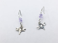 Sterling silver tiny dragonfly dangle earrings-light violet crystal, dragonflies