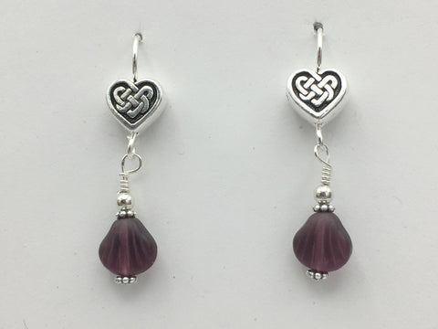 Pewter & sterling silver Celtic Knot Heart dangle earrings-purple glass-Valentine