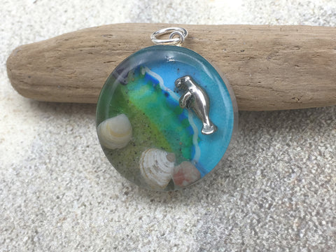 Sterling silver 25mm Round Pendant with  Shells, Sand, Sea glass, Rocks, Manatee,  ,shore, ocean,  beach comber, Alcohol ink