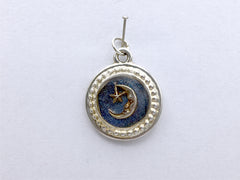 Pewter frame, night sky print, sterling silver man in the moon pendant-resin