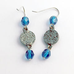 Pewter & Sterling Silver spiral dangle  Earrings- dark aqua glass - spirals
