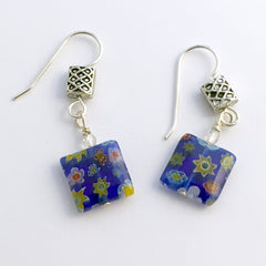 Pewter & sterling silver Celtic rectangle Knot dangle earrings-Millefiori blue