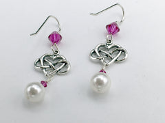 Sterling Silver Infinity Heart dangle Earrings- glass "pearls" Fuchsia pink crystal, love, hearts