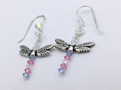 Pewter and Sterling silver dragonfly dangle earrings- crystals-LGBTQIA-Transgender Pride