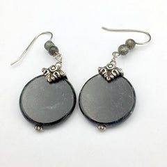 Pewter & Sterling Silver spiral bead cap dangle Earrings-Kambaba Jasper, spirals