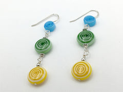 Sterling silver & white, aqua, green and yellow glass circle beads dangle earrings