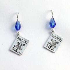 Pewter & Sterling Silver USA Passport dangle earrings -Travel, adventure, agent