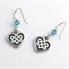 Pewter & sterling silver Celtic Knot Heart dangle earrings- teal crystal- knots