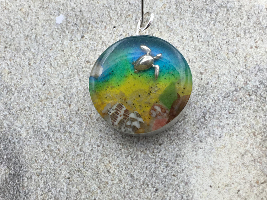Sterling silver 25mm Round Pendant with striped Shells, Sand, Sea glass, Rocks, Sea turtle,  Cayman Islands, ocean,  beach comber, Alcohol ink