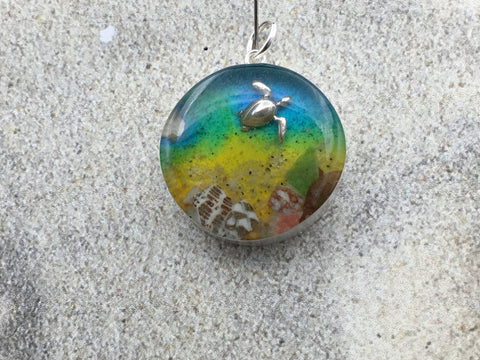 Sterling silver 25mm Round Pendant with striped Shells, Sand, Sea glass, Rocks, Sea turtle,  Cayman Islands, ocean,  beach comber, Alcohol ink