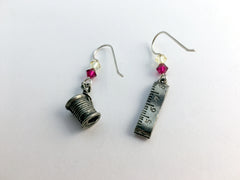 Pewter & Sterling Silver Seamstress dangle earrings-Spool thread, measuring tape