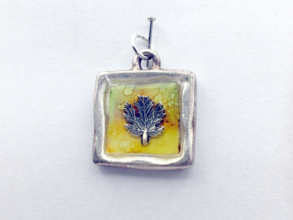 Pewter w/Sterling Silver Maple leaf pendant, alcohol ink, fall colors, leaves