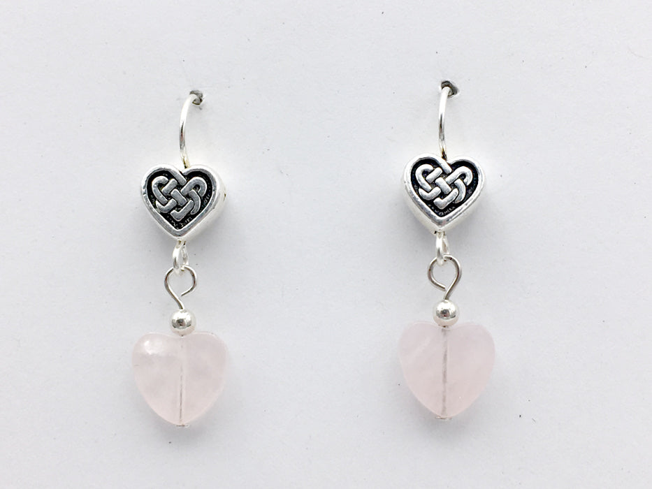 Pewter & sterling silver Celtic Knot Heart dangle earrings-Rose Quartz-Valentine