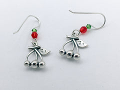 Sterling Silver cherry earrings-cherries, fruit, luck,  crystal