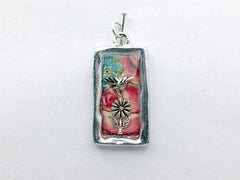 Pewter frame, floral print, sterling silver hummingbird  and flower pendant-resin, birds