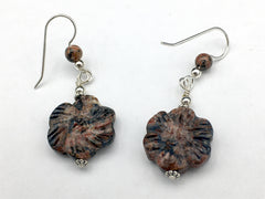Sterling silver and carved Leopardskin Jasper flower dangle earrings