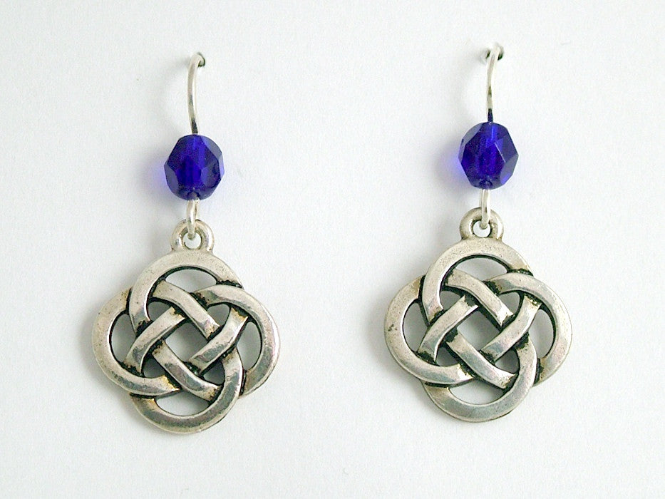 Pewter & Sterling Silver large Round Celtic Knot dangle Earrings- cobalt blue
