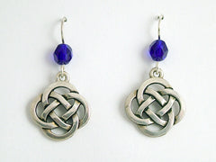 Pewter & Sterling Silver large Round Celtic Knot dangle Earrings- cobalt blue