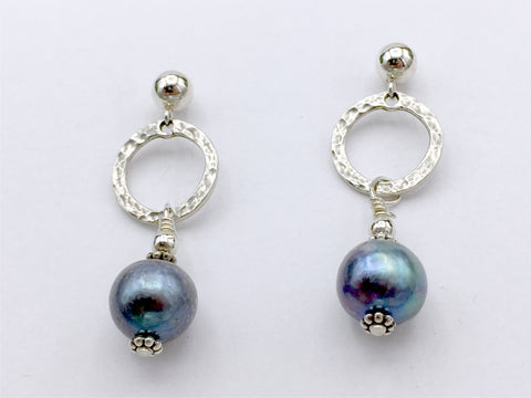 Sterling Silver 5mm ball stud with hammered circle Earrings-dangle, freshwater pearls