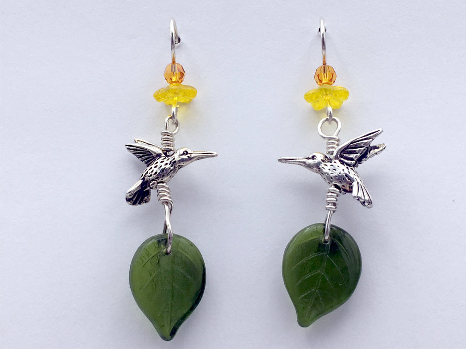 Pewter & Sterling silver hummingbird dangle earrings-yellow flower and green glass leaves, sunflower