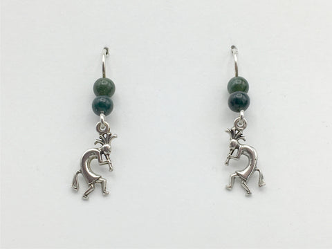 Sterling Silver Kokopelli dangle earrings- Trickster,Southwest, moss agate, flute