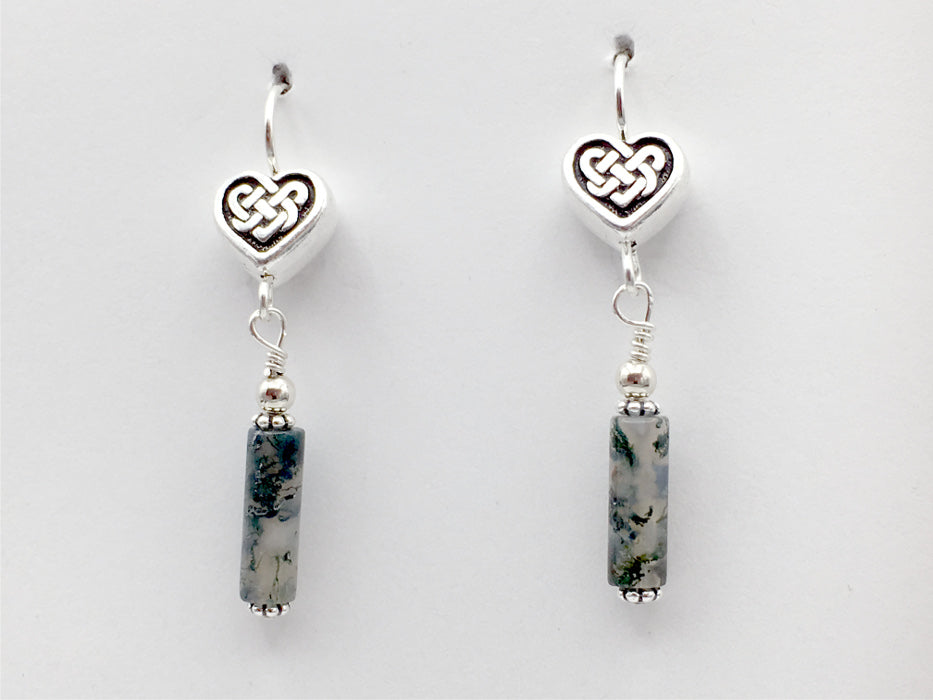 Pewter & sterling silver Celtic Knot Heart dangle earrings-moss agate-Valentine