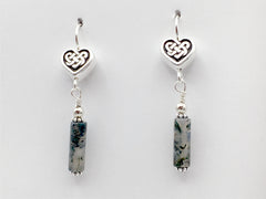 Pewter & sterling silver Celtic Knot Heart dangle earrings-moss agate-Valentine