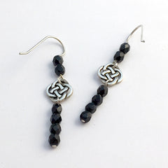 Pewter & Sterling Silver Round Celtic dangle Knot Earrings- black glass, knots